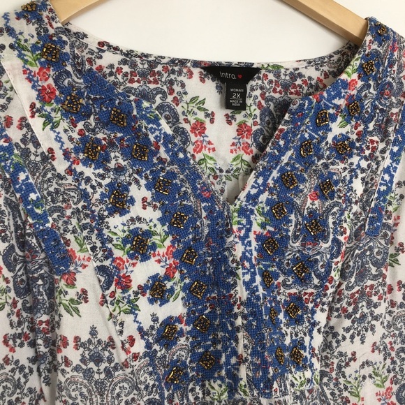 Intro Ditsy Floral Paisley Print Top Beaded V-Neck Women’s Size 2X Lightweight - Picture 6 of 13
